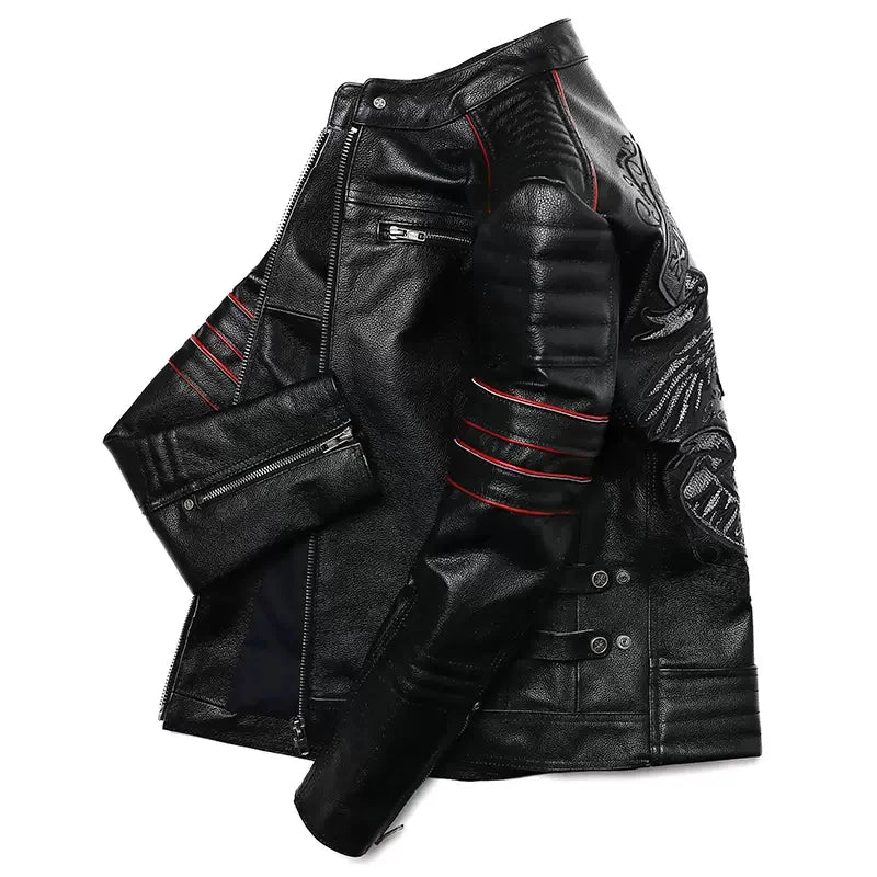Black Genuine Natural Leather Stand Collar Skulls Embroidery Jacket by RiderOut