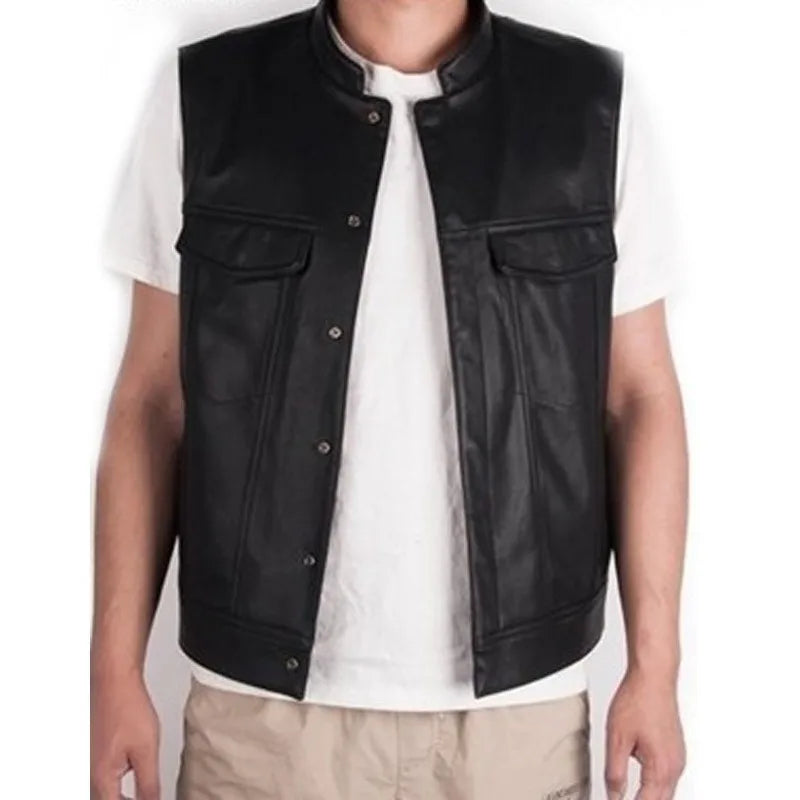 Classical Stand Collar Motorcycle Leather Vest by RiderOut