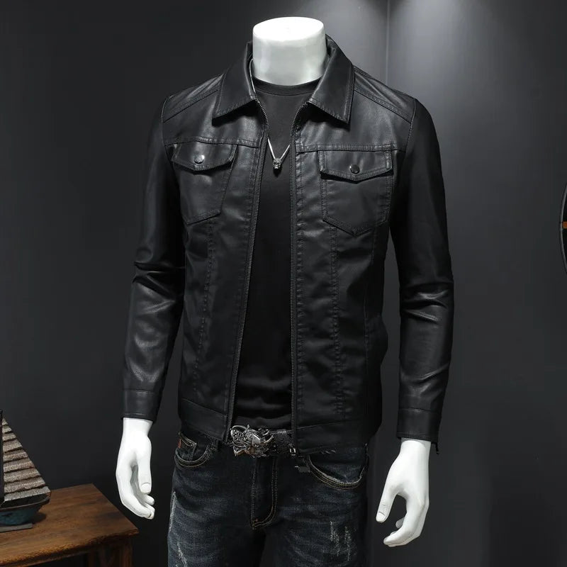 Black Lapel Leather Slim Motorcycle Riding Jacket by RiderOut
