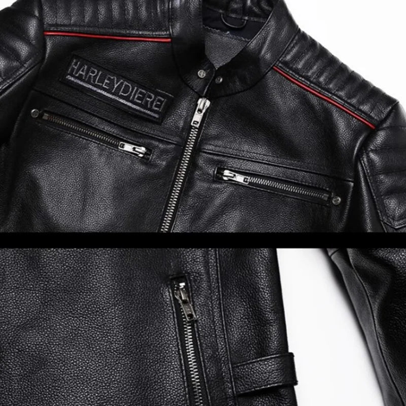 Black Genuine Natural Leather Stand Collar Skulls Embroidery Jacket by RiderOut