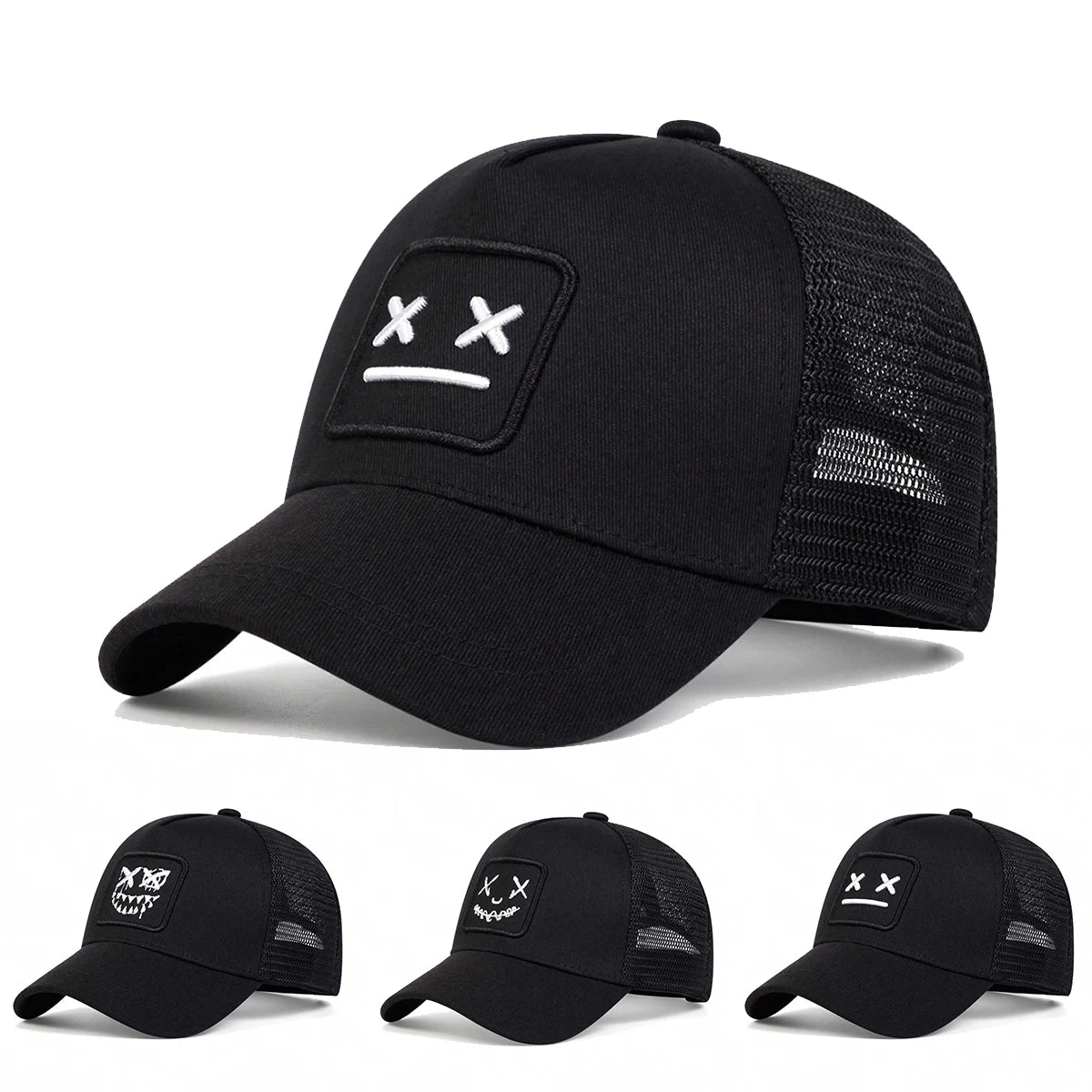 Black XX Smiling Face Embroidery Baseball Net Caps by RiderOut™