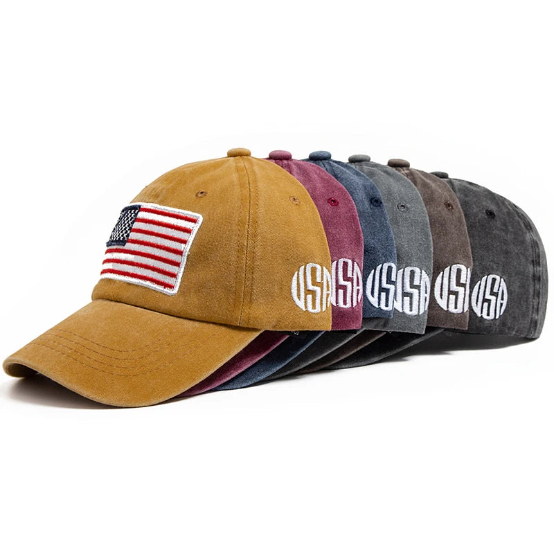 USA Flag Retro Embroidery Washed Cotton Baseball Cap by RiderOut™