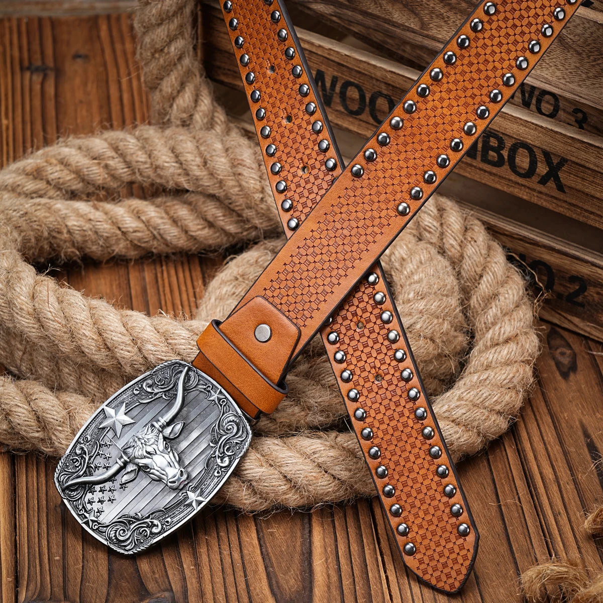 Bull Head Engraved Buckle PU Leather Belts by RiderOut