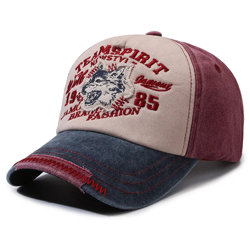 Washed Cotton WOLF Embroidery Vintage Baseball Cap by RiderOut™