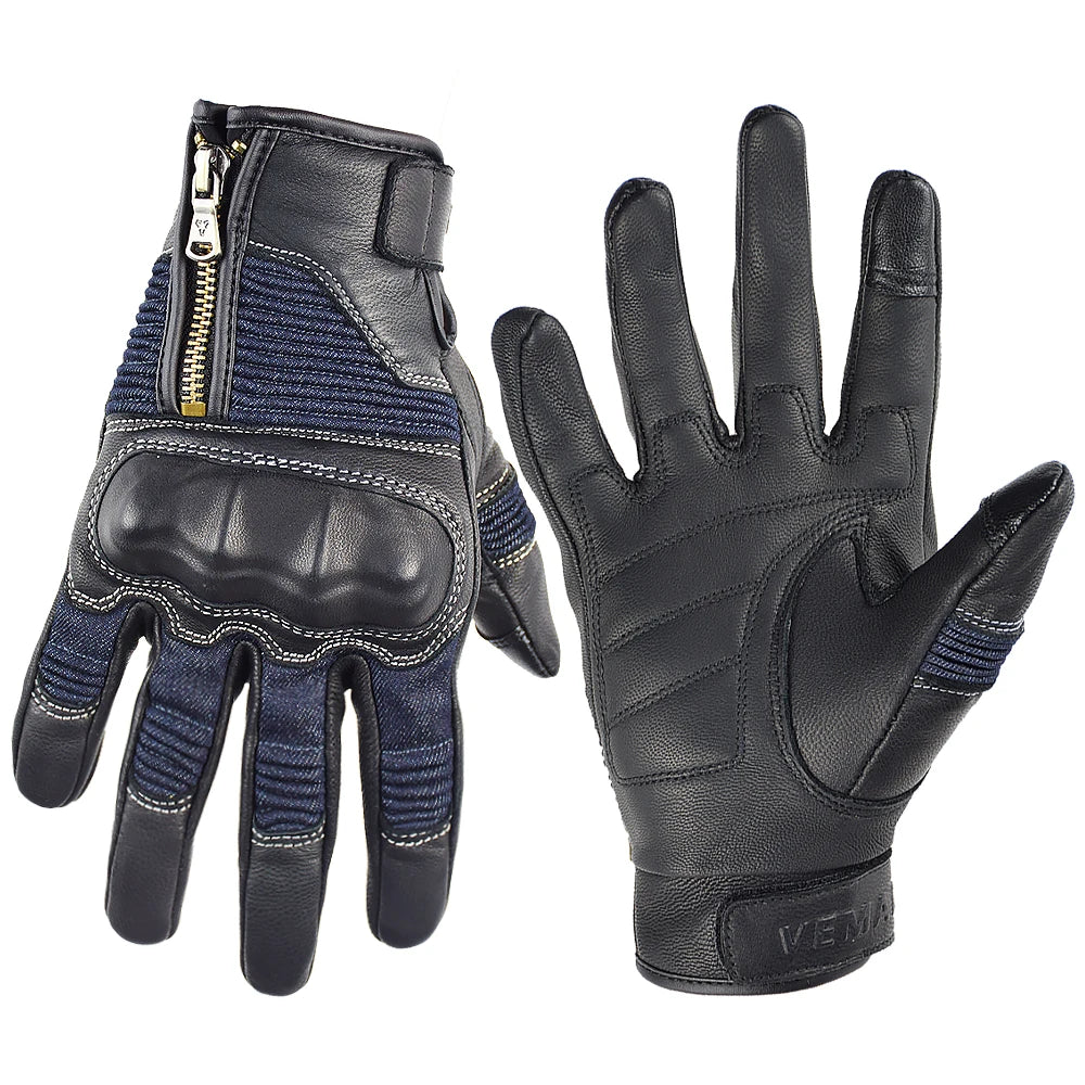 Retro Leather & Denim Motorcycle Gloves by RiderOut™