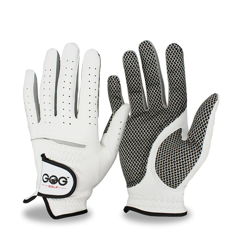 White golf glove with black textured palm and Gog Golf logo on a white background
