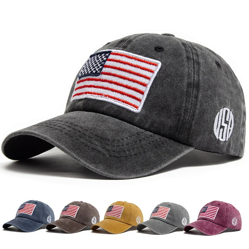USA Flag Retro Embroidery Washed Cotton Baseball Cap by RiderOut™