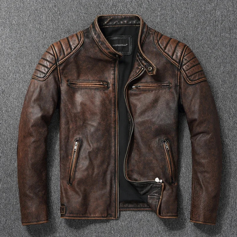 Cowhide Leather Stand Collar Motorcycle Jacket by RiderOut