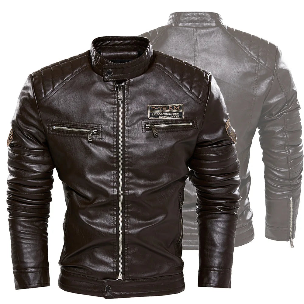 Stand Collar Leather Moto Jacket by RiderOut