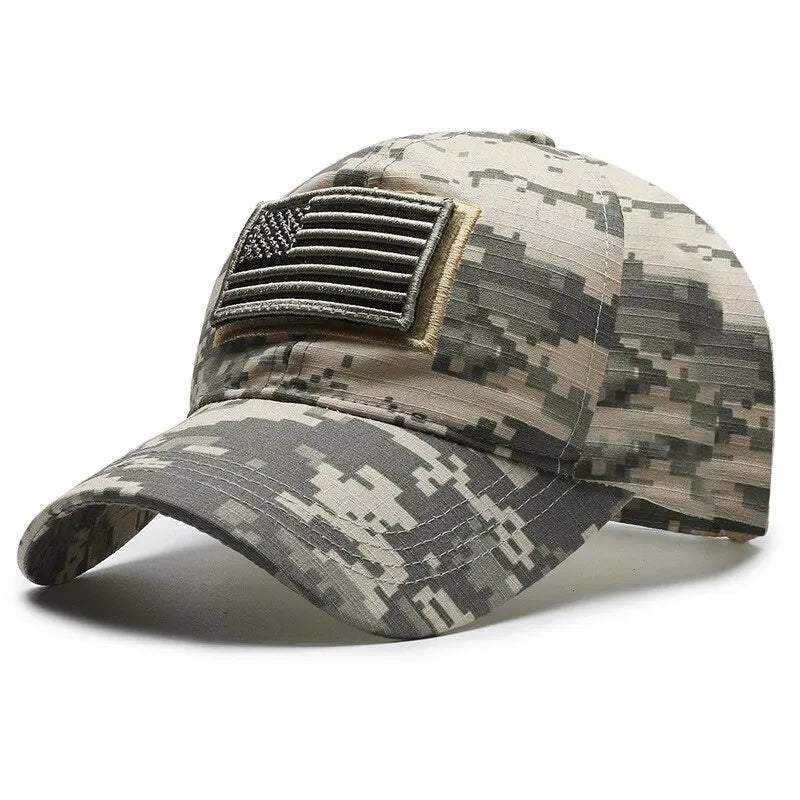 American Flag Camouflage Sticker Embroidered Baseball Cap by RiderOut™