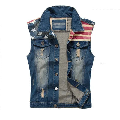 USA Flag washed Denim Jeans Vest by RiderOut