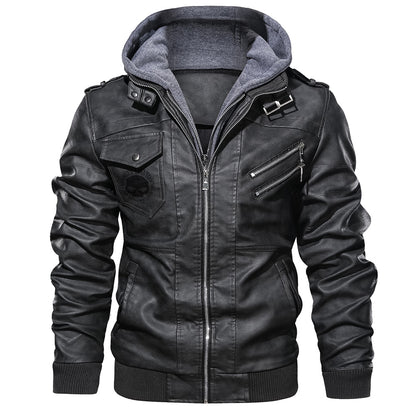 H D Skull Logo Hooded Leather Jacket