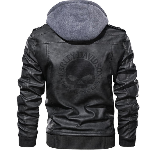 H D Skull Logo Hooded Leather Jacket