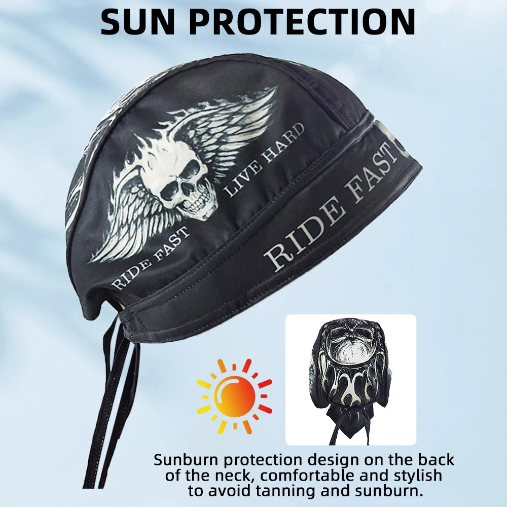 Black bandana with skull design and text, shown on a white background with text about breathability.