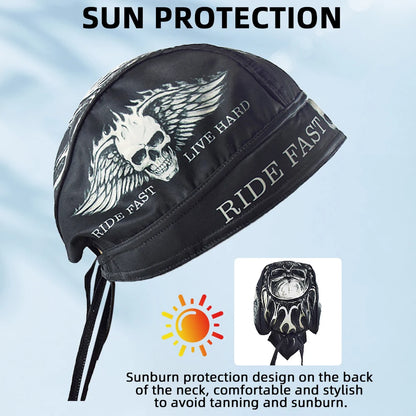 Black bandana with skull design and text, shown on a white background with text about breathability.