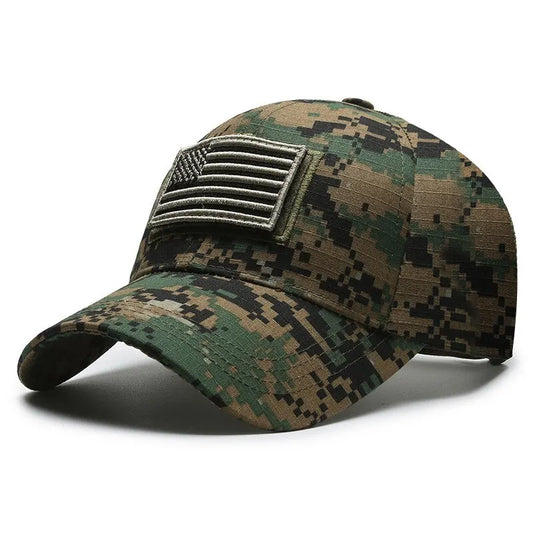 American Flag Camouflage Sticker Embroidered Baseball Cap by RiderOut™