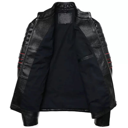 Black Genuine Natural Leather Stand Collar Skulls Embroidery Jacket by RiderOut