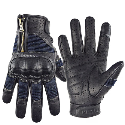Retro Leather & Denim Motorcycle Gloves by RiderOut™