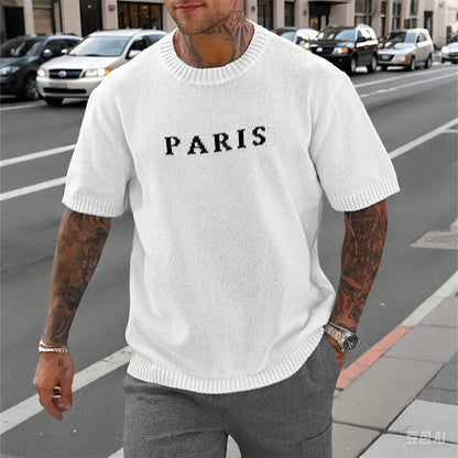 Short Sleeve White Paris Letter Knitwear T-Shirt by RiderOut