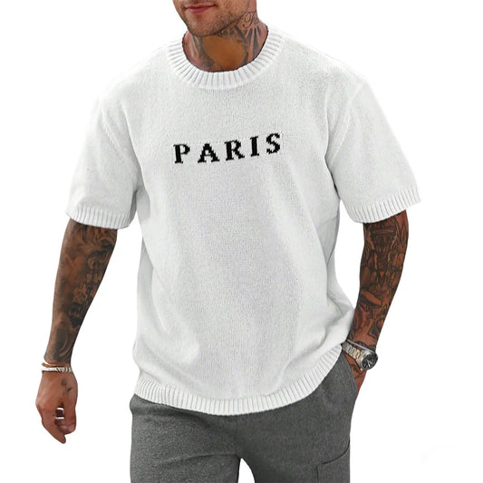 Short Sleeve White Paris Letter Knitwear T-Shirt by RiderOut