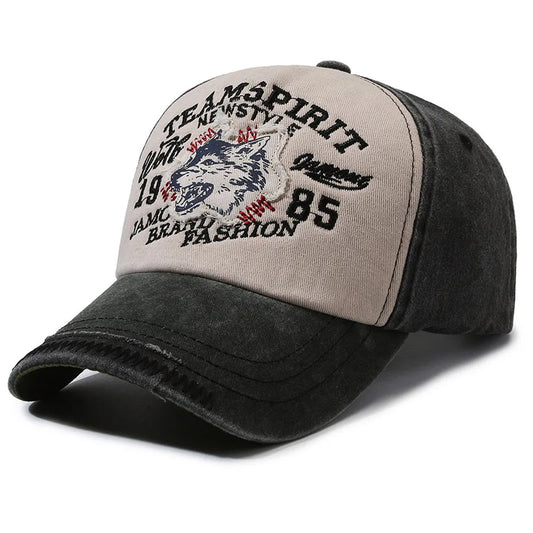 Washed Cotton WOLF Embroidery Vintage Baseball Cap by RiderOut™