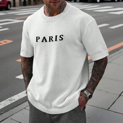 Short Sleeve White Paris Letter Knitwear T-Shirt by RiderOut