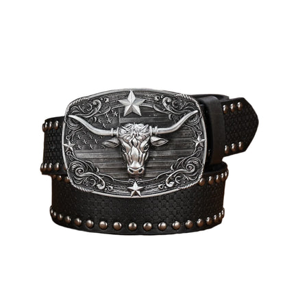 Bull Head Engraved Buckle PU Leather Belts by RiderOut