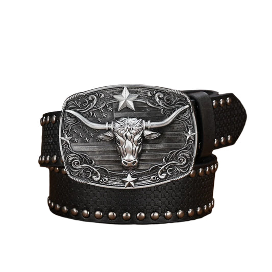 Bull Head Engraved Buckle PU Leather Belts by RiderOut