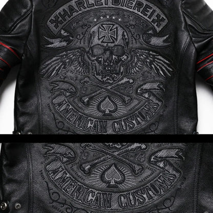 Black Genuine Natural Leather Stand Collar Skulls Embroidery Jacket by RiderOut