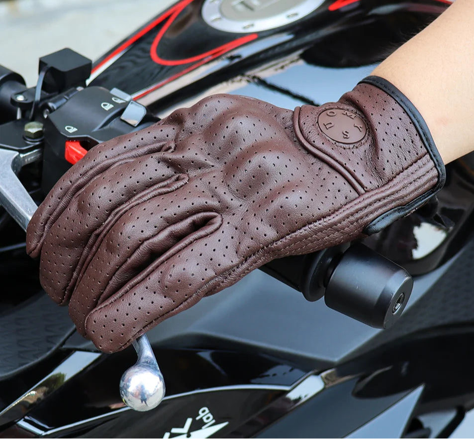 Perforated Motorcycle Retro Leather Gloves by RiderOut™