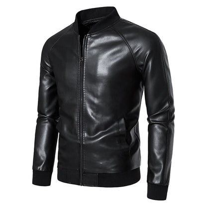 Black Stand Collar Comfortable Slim Leather Jacket by RiderOut