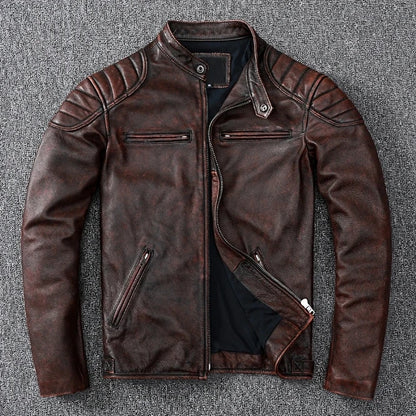 Cowhide Leather Stand Collar Motorcycle Jacket by RiderOut