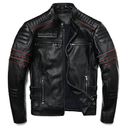 Black Genuine Natural Leather Stand Collar Skulls Embroidery Jacket by RiderOut
