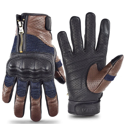Retro Leather & Denim Motorcycle Gloves by RiderOut™
