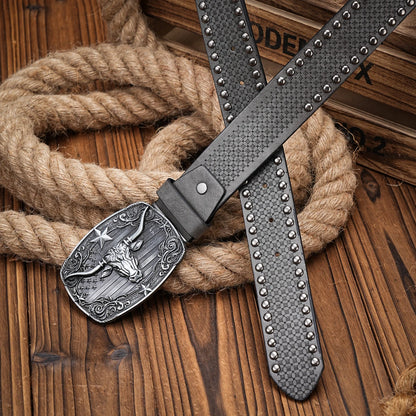 Bull Head Engraved Buckle PU Leather Belts by RiderOut