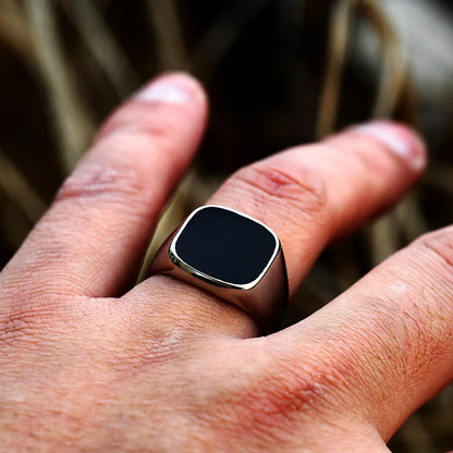 Retro Flat Square Black Glass Onyx Ring by RiderOut™
