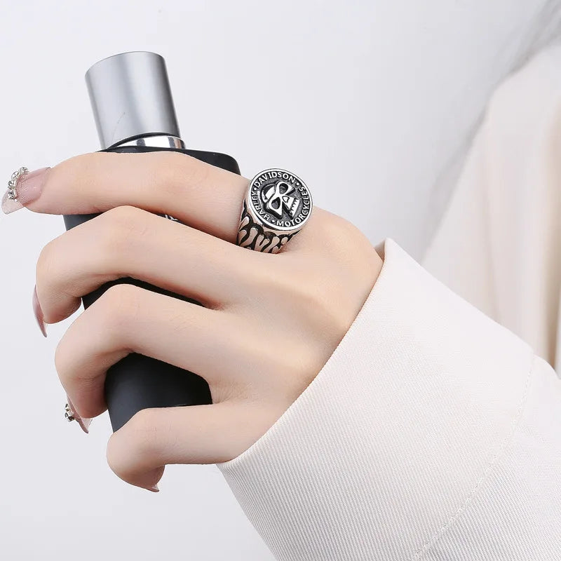 Retro Biker HD Motorcycle Skull Resizable Ring by RiderOut™