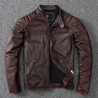 Cowhide Leather Stand Collar Motorcycle Jacket by RiderOut