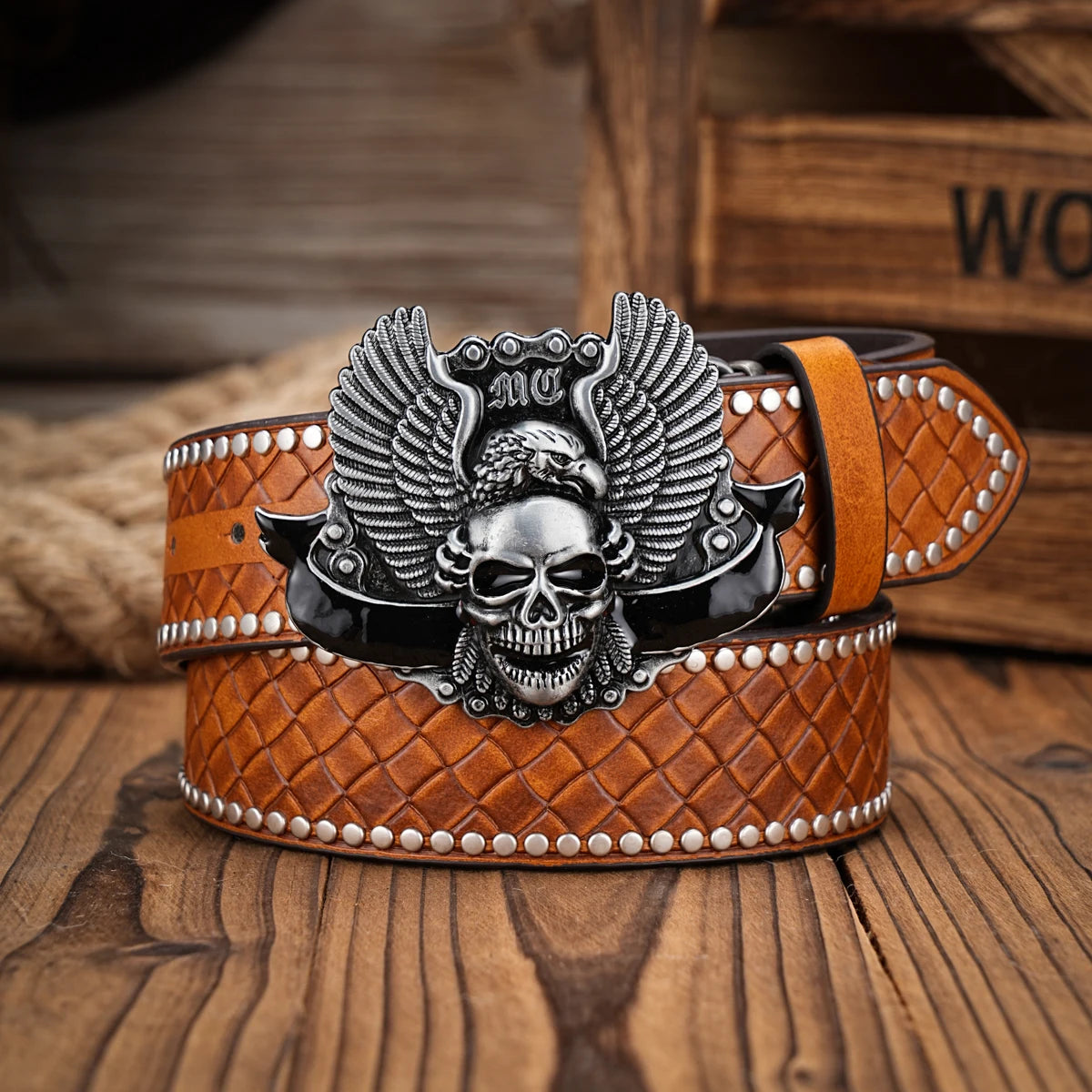 Skull Wings Engraved Buckle PU Leather Belts by RiderOut