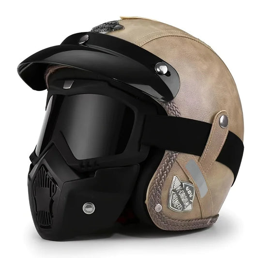 Brown Leather Retro Classic Motorcycle Helmet by RiderOut™