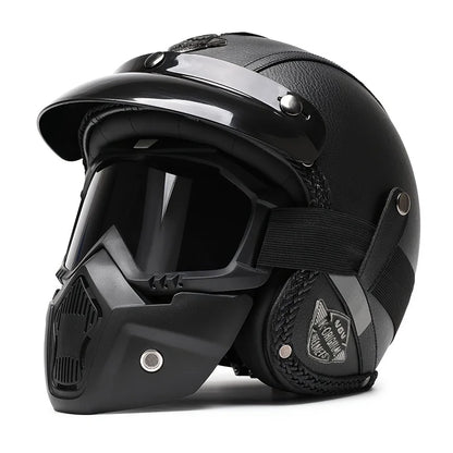Black Leather Retro Classic Motorcycle Helmet by RiderOut™