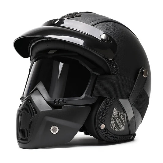 Black Leather Retro Classic Motorcycle Helmet by RiderOut™
