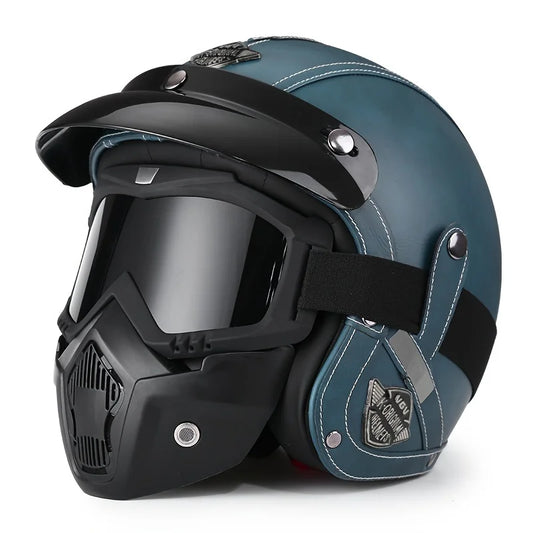 Vintage Green Leather Retro Classic Motorcycle Helmet by RiderOut™