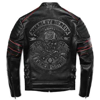 Black Genuine Natural Leather Stand Collar Skulls Embroidery Jacket by RiderOut