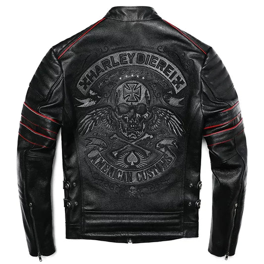 Black Genuine Natural Leather Stand Collar Skulls Embroidery Jacket by RiderOut