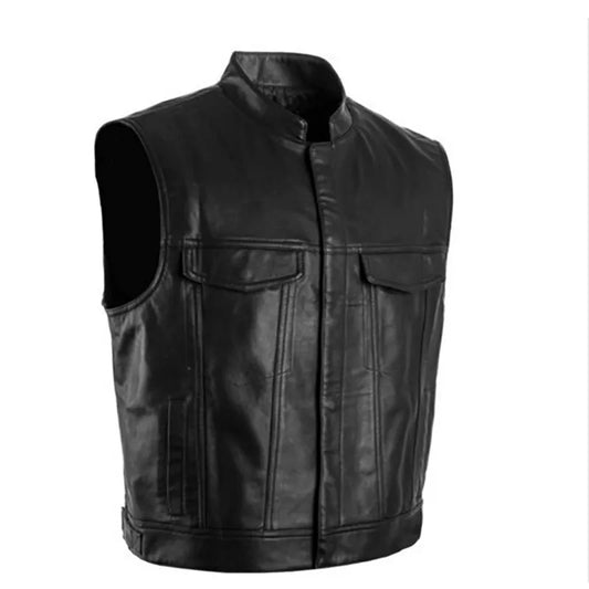 Classical Stand Collar Motorcycle Leather Vest by RiderOut