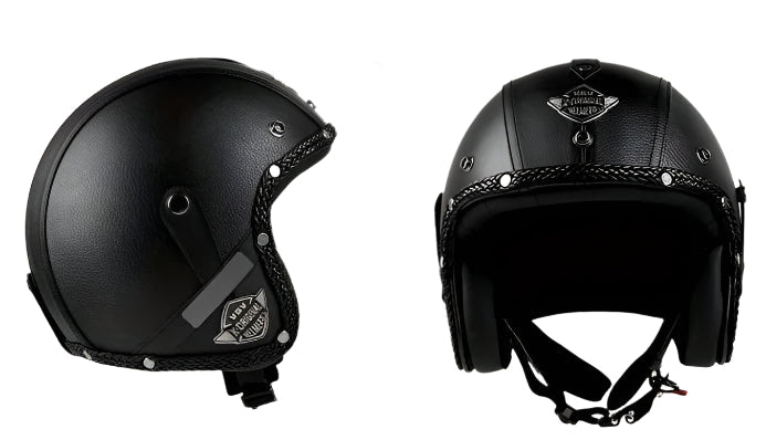 Black Leather Retro Classic Motorcycle Helmet by RiderOut™