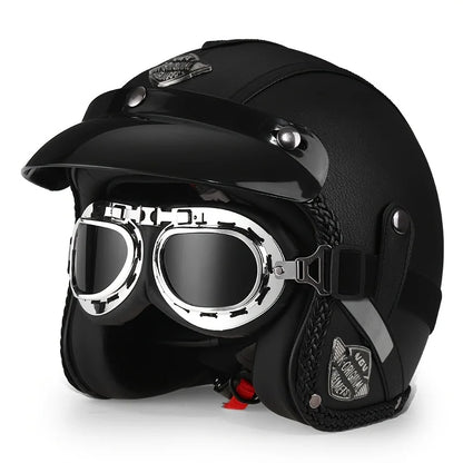 Black Leather Retro Classic Motorcycle Helmet by RiderOut™
