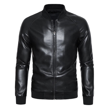 Black Stand Collar Comfortable Slim Leather Jacket by RiderOut