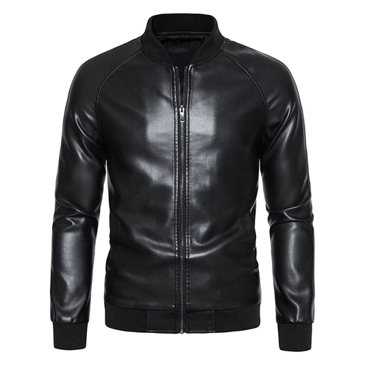 Black Stand Collar Comfortable Slim Leather Jacket by RiderOut